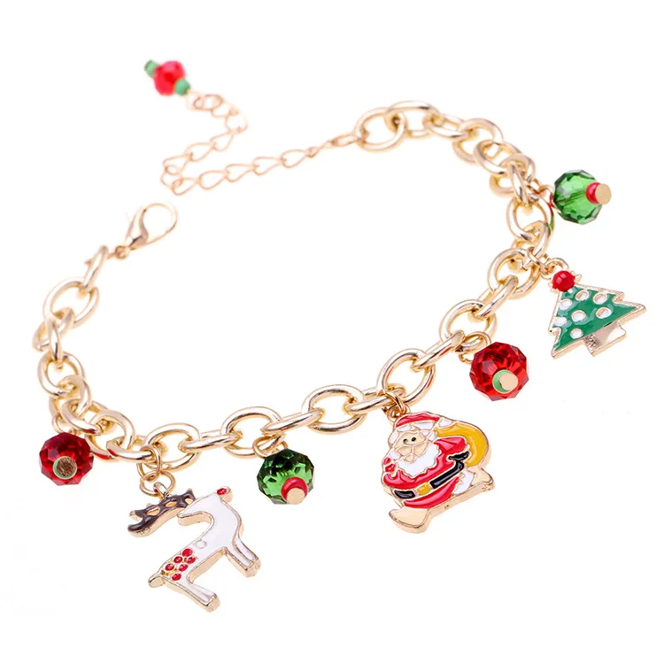 Santa Claus Bracelet Alloy Cartoon Christmas Tree Elk  Red Green Color Beads Bracelet Link Chain Xmas Pendant Jewelry Gift