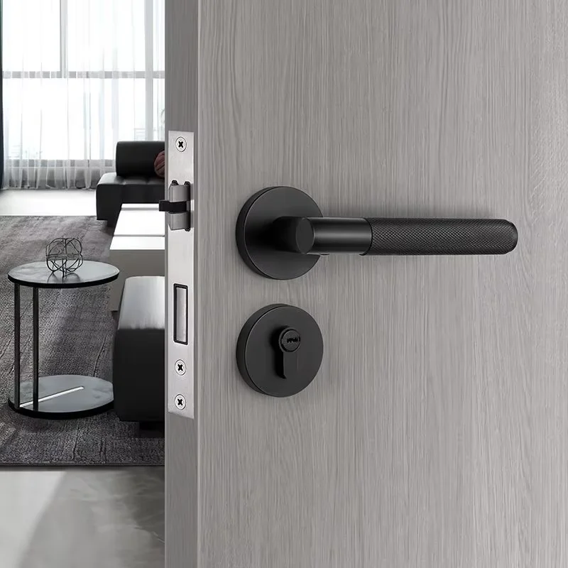 Wholesale Inventory Zinc Alloy Door Handle 20Cm Black Modern Knurled Door Handles On Plate