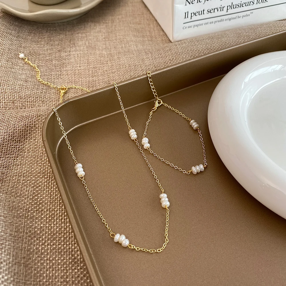 Vershal B-265 Korean Style 18K Gold Plated Link Chain Necklace Freshwater Pearl Necklace Women