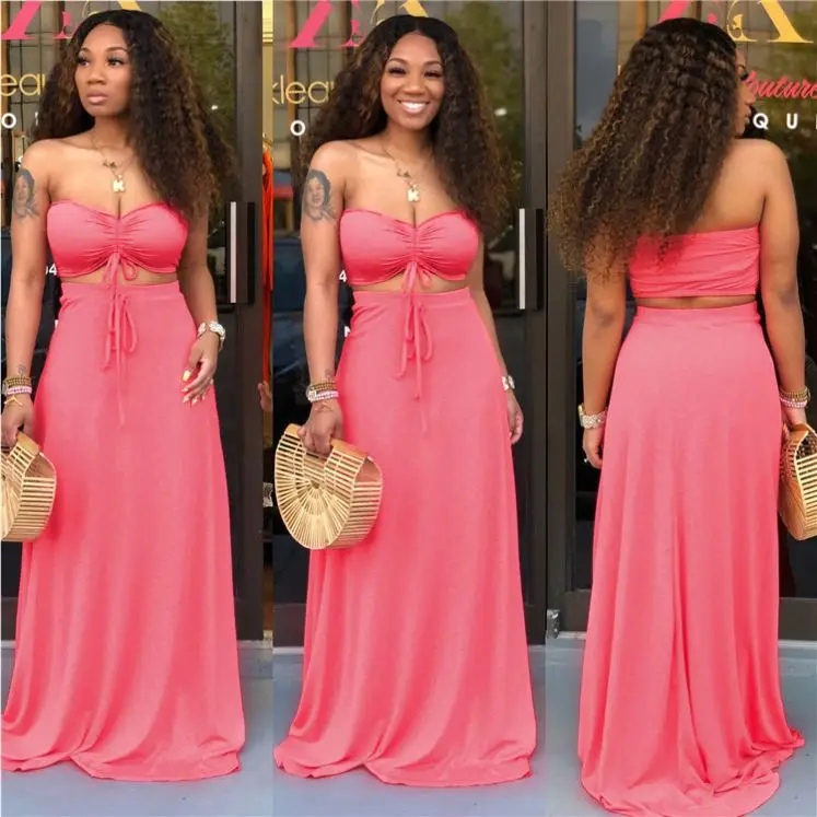 KG14407 Best Design Solid Color Crop Top Sexy Sleeveless Bandage Women Two Piece Skirt Set Clothing