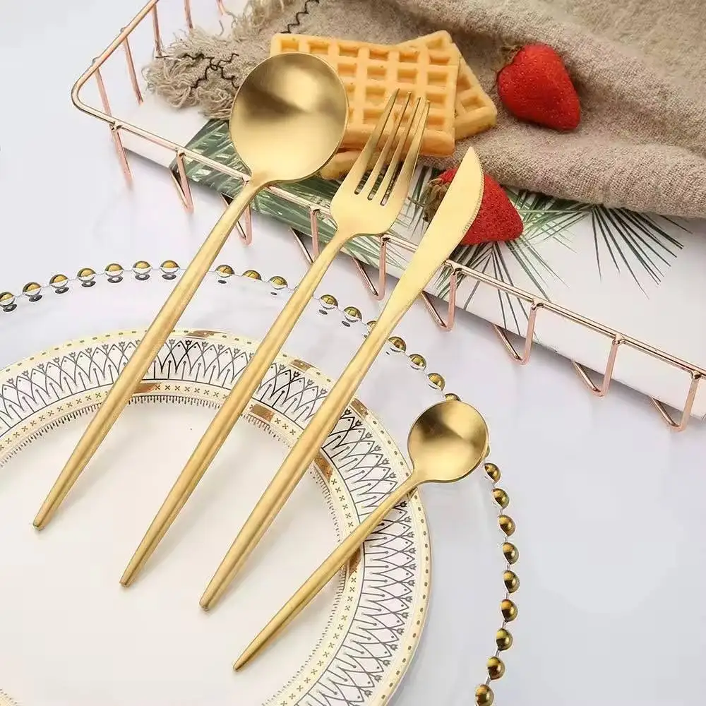 Hotel Stainless Steel Gold Besteck Thick Handle Portuguese Spoon Fork And Knife Wedding Golden Flatware Cutlery Silverware Set