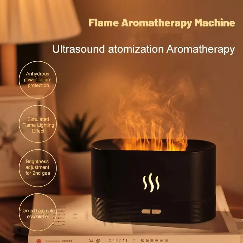 Portable ultrasonic humidifier for home office noiseless simulation 3D flame aromatherapy essential oil air purifier
