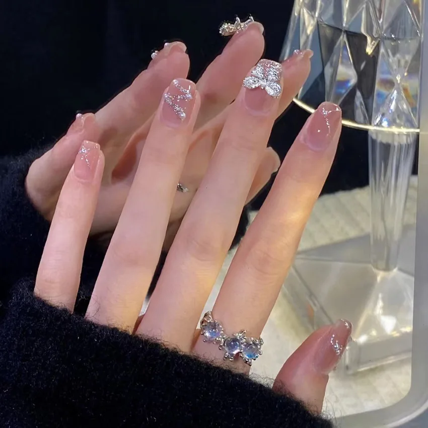 A1-48 new artificial golden 3d butterfly false nails with glue press on nails wholesale custom decoration OEM Korean nails