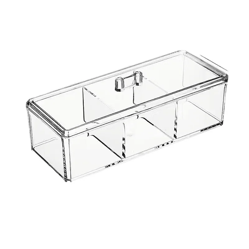 NISEVEN Hot Selling 3 Grid Acrylic Drawer Organizer Waterproof Bathroom Cotton Swab Box with Lid Clear Acrylic Storage Box