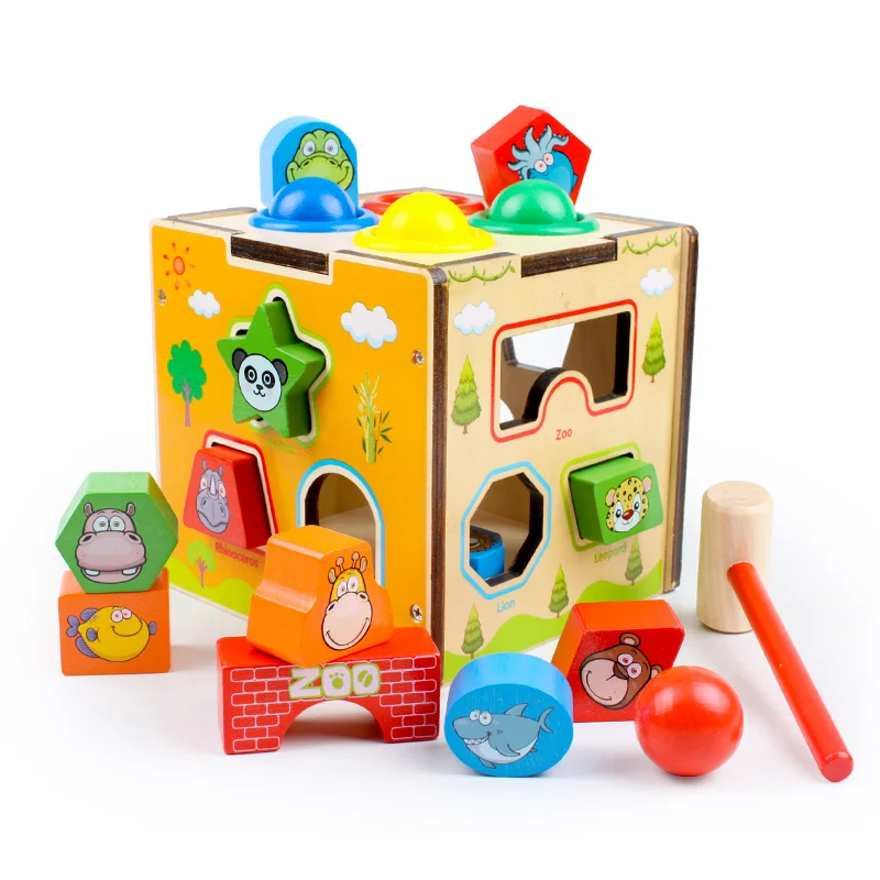 Hot sale cartoon multifunction baby wooden shapes sorter knocking piano educational wooden toy for children