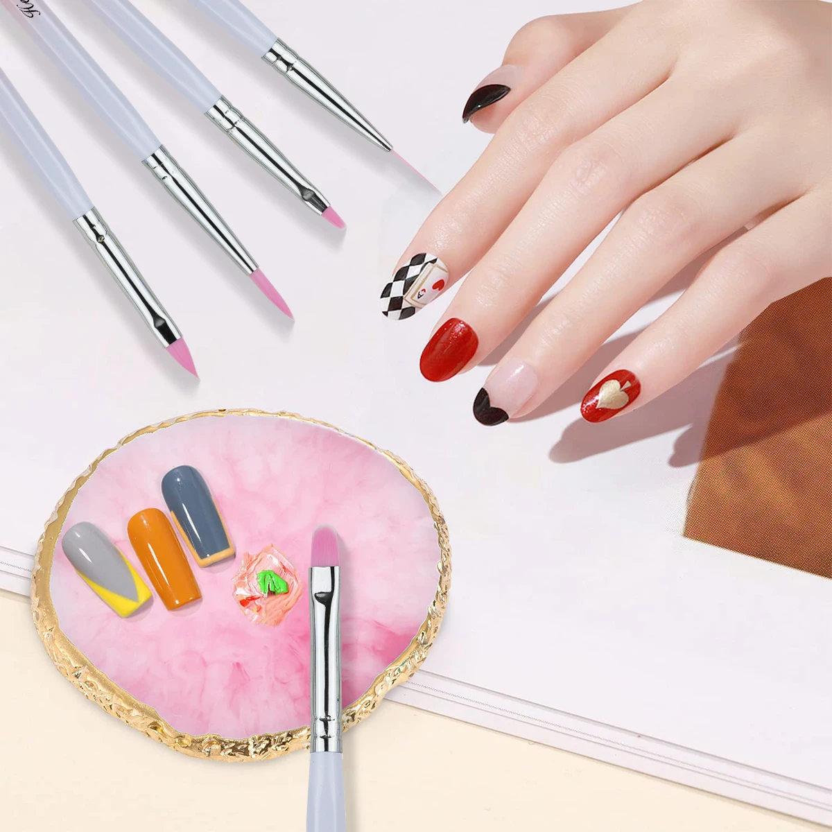 Wholesale Pink Gradient Acrylic Handle 7 pcs/setNail Brush Set Painting Oval Flat Acrylic Nylon Nail Art Brush Set