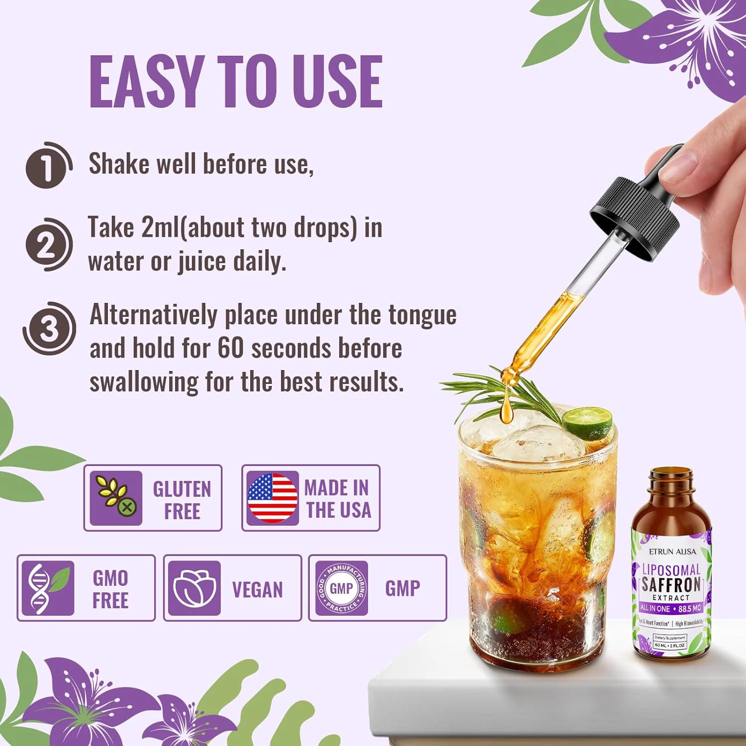 Private label 88.5 mg Saffron Extract Bioavailability Liposomal Drops Vitamin supplement Mood Energy Vision & Focus