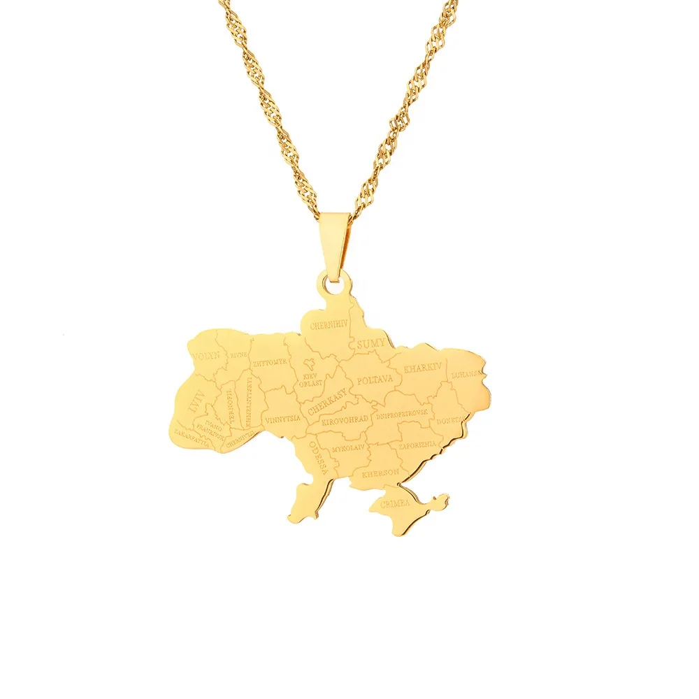 Dr. Jewelry 2022 New 18K PVD Gold Plated Stainless Steel High Polished Ukraine City Territory Country Map Necklace