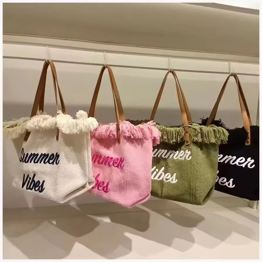 New design custom traveling beach bag gift handbag women summer vibes cotton canvas tote Bag