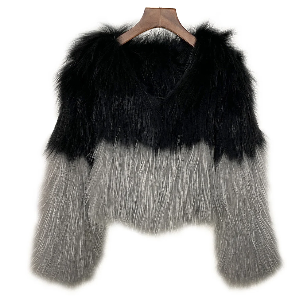 CX-G-A-298 Women Hand Knitted Raccoon Fur Jacket Fur Coat