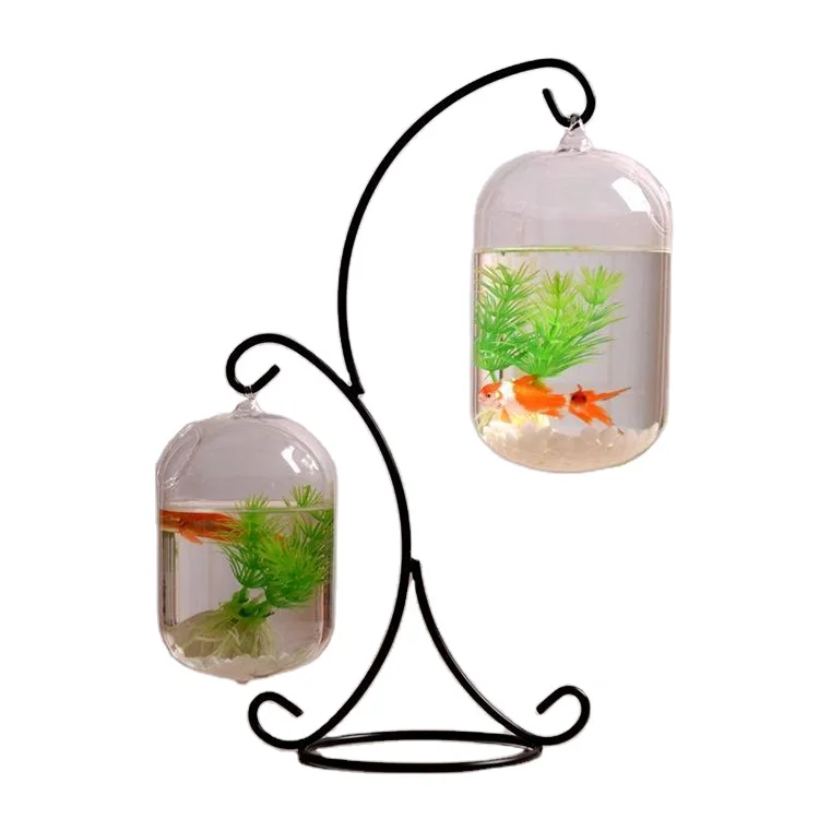 Long Gourd Glass Vase And Fish Bowl With Ring Hanging on Iron Stand Interesting Fish Jar for Mini Gold Fish