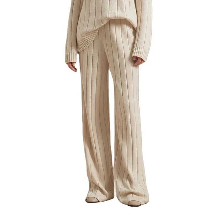 Wool Cashmere Knit Long Pants OEM/ODM Soft Warm Wide Leg Loose 2022 Custom Fall Winter for Women OEM & ODM & Custom Mid Waist