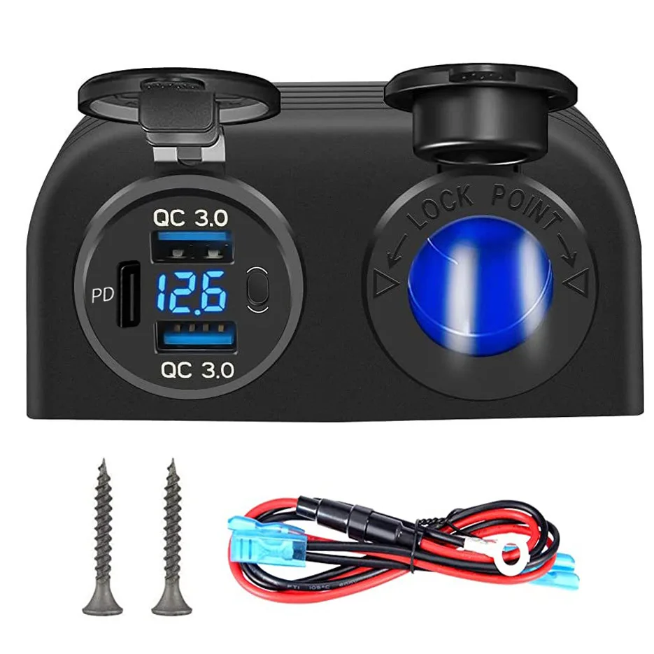 3 in 1 Tent Type Panel 2 Hole USB Socket Tent Panel PD Charger Socket + Car Charger +LED Voltmeter USB Outlet Panel