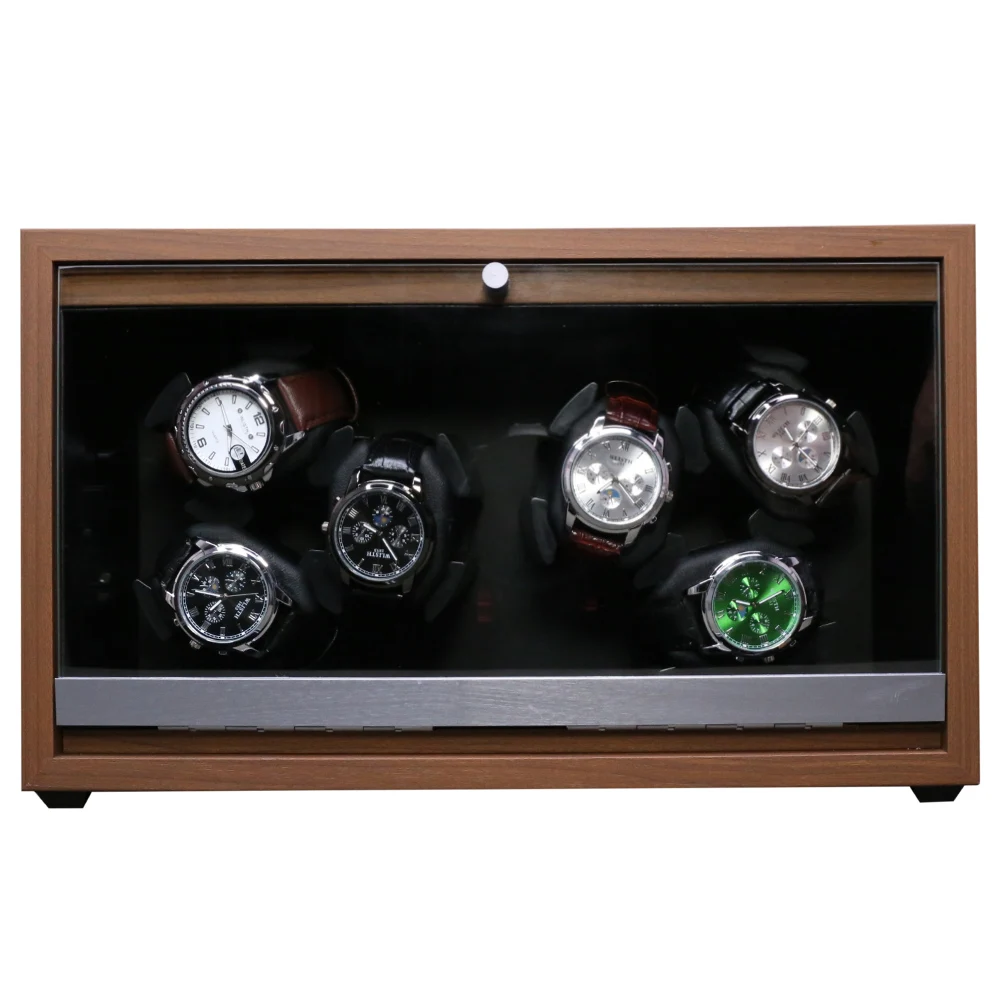 Factory Wholesale Automatic 6 Slots Watches Wood Walnut Grain Motor Watch Winder Box With Led Light