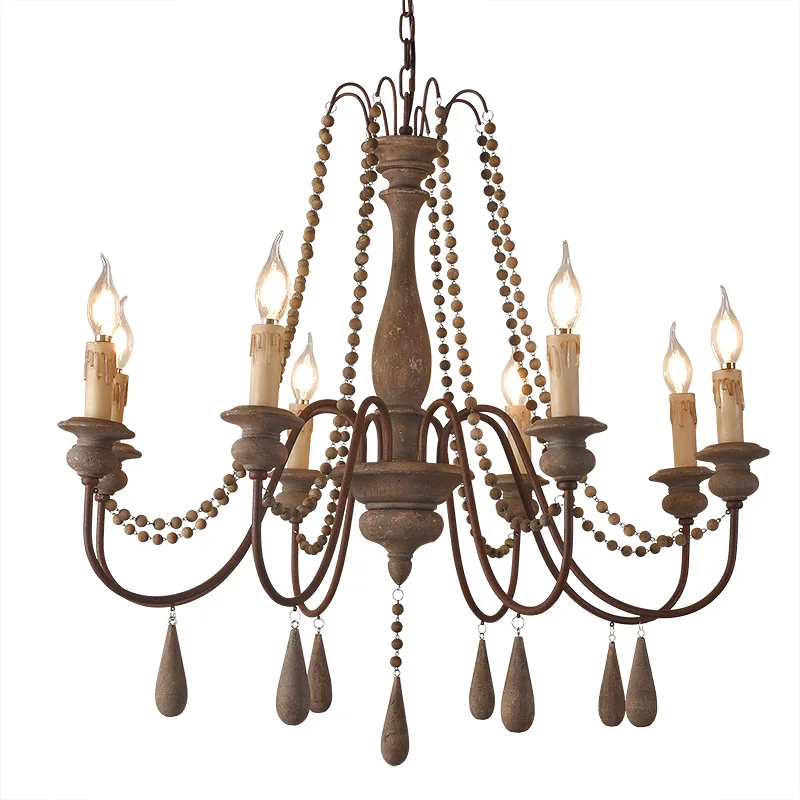 Retro Chandelier American Country Iron Chandelier Creative Old Decoration Restaurant Living Room Wooden Wrought Iron Chandelier