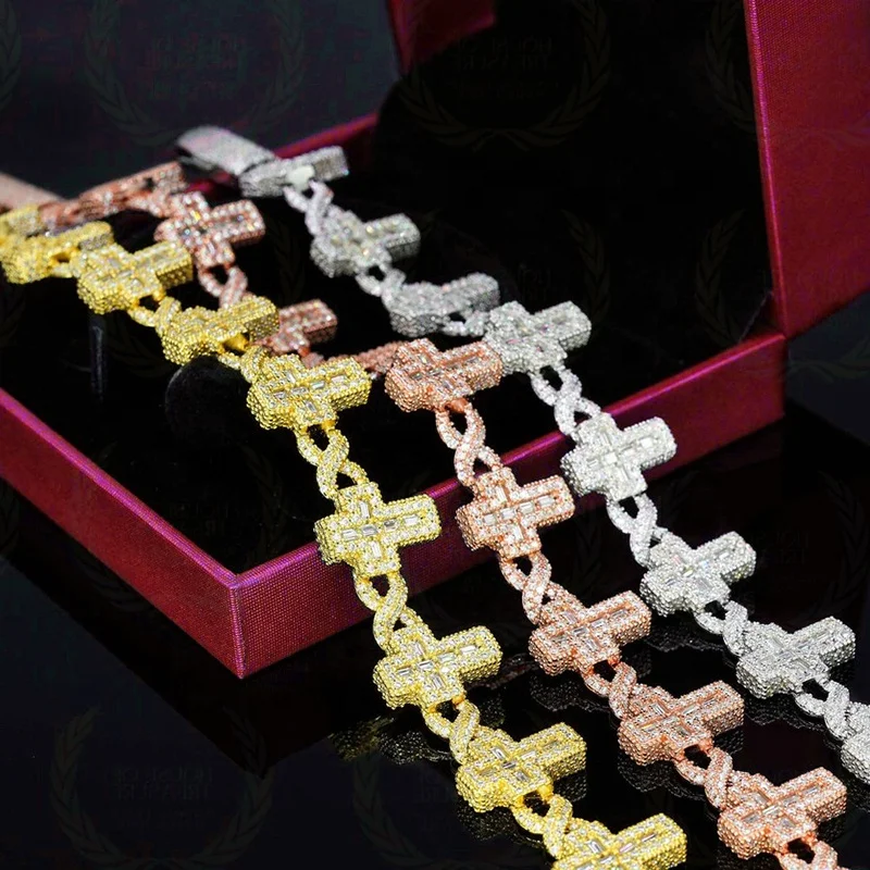 Christian Hip Hop Pass Diamond Tester S925 Silver GRA Iced Out Baguette VVS Moissanite Cross Cuban Link Chain For Men Women