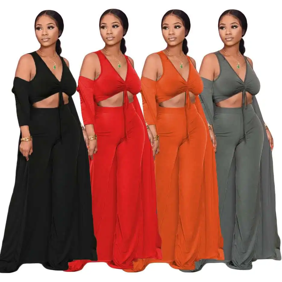 Wholesale women 3 piece sets Ladies fall and winter new sexy solid color long cardigan three-piece sets