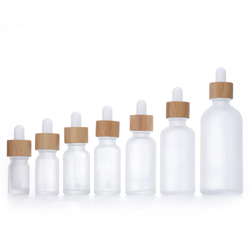 custom logo real bamboo cap white frosted glass oil bamboo dropper bottle serum bottle