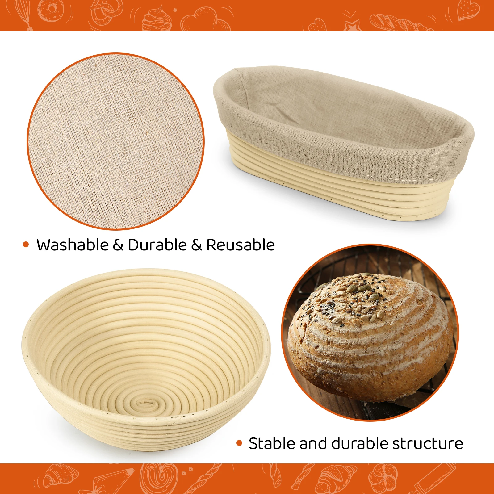 XH Source factory 9+10 inches sourdough bread proofing basket set Complete baking tools natural rattan stainless steel nail