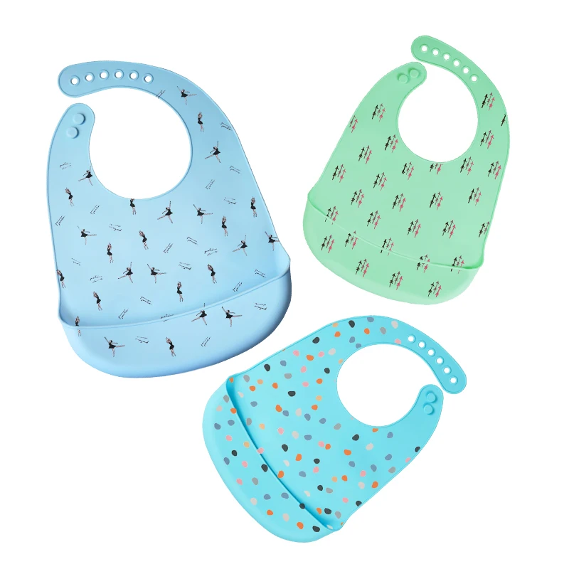 
Amazon Hot Sell Printed Silicone Baby Bib With Catcher For Kids Adjustable Size Waterproof Bpa Free Silicone Bibs 