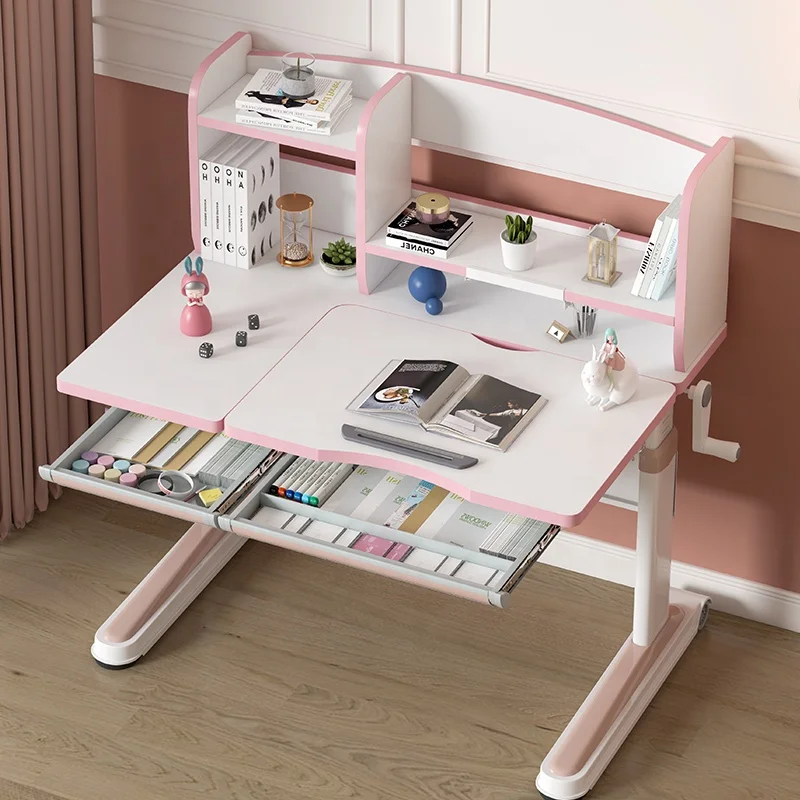 Kids Study Desk Drafting Table Ergonomic Multi Function Adjustable Child Table Computer Station with Book Shelf