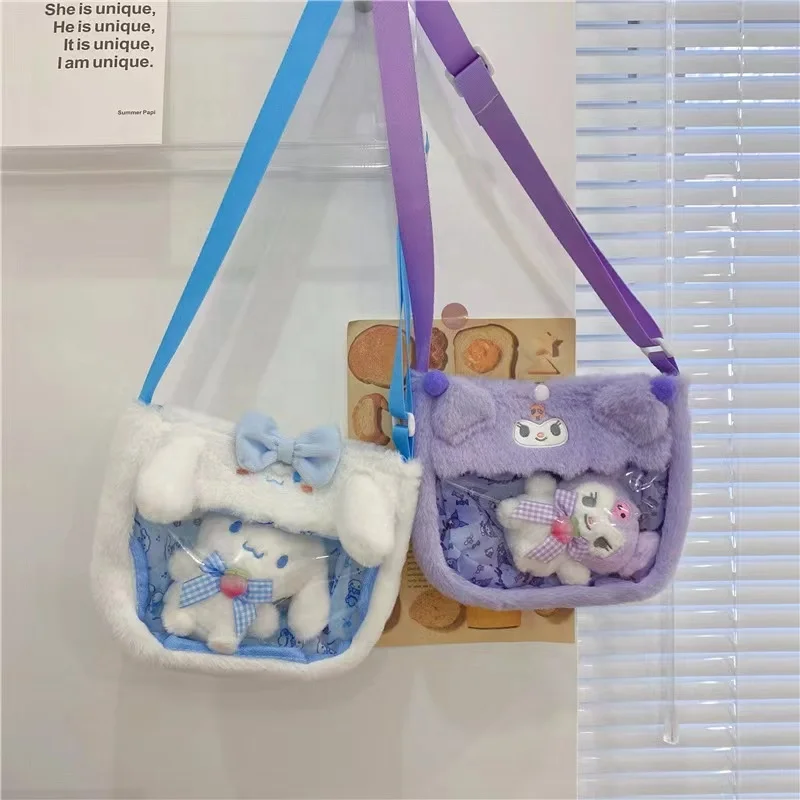 Kawaii Anime Handbag Super Soft Plush Kitty Cross Kuromi Cinnamoroll Crossbody Stuffed Shoulder Bag