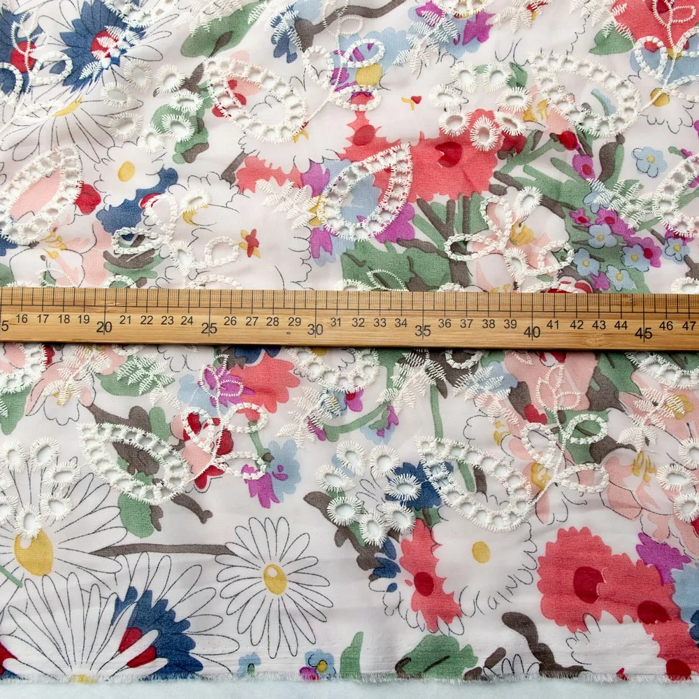 Custom Newest Swiss Voile 100% Cotton Hollow Out Printed Silk Chiffon Embroidered Lace Fabrics With Rayon Regular