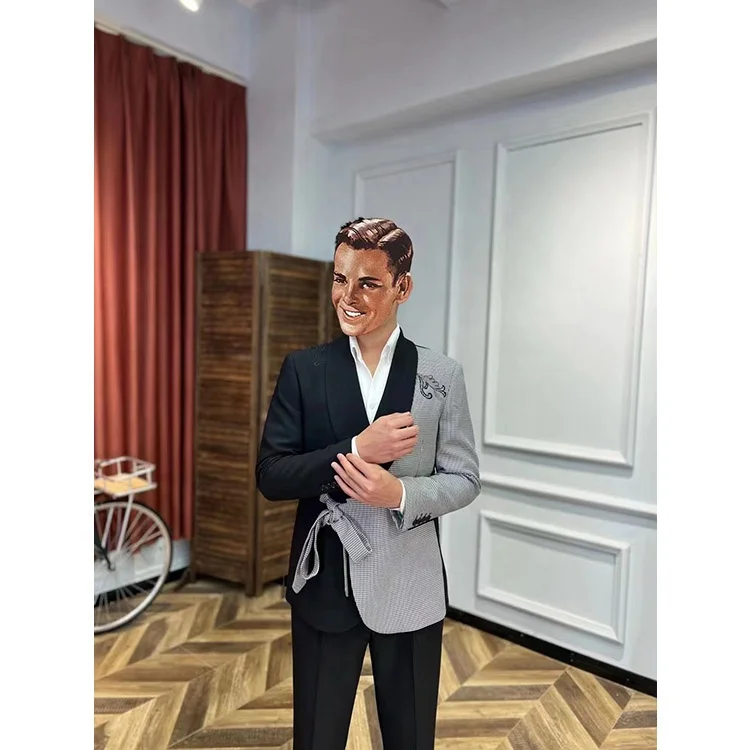 Wholesale Male Fashion Embroidered Suits Splicing Plaid Coats Belted Wedding Blazers