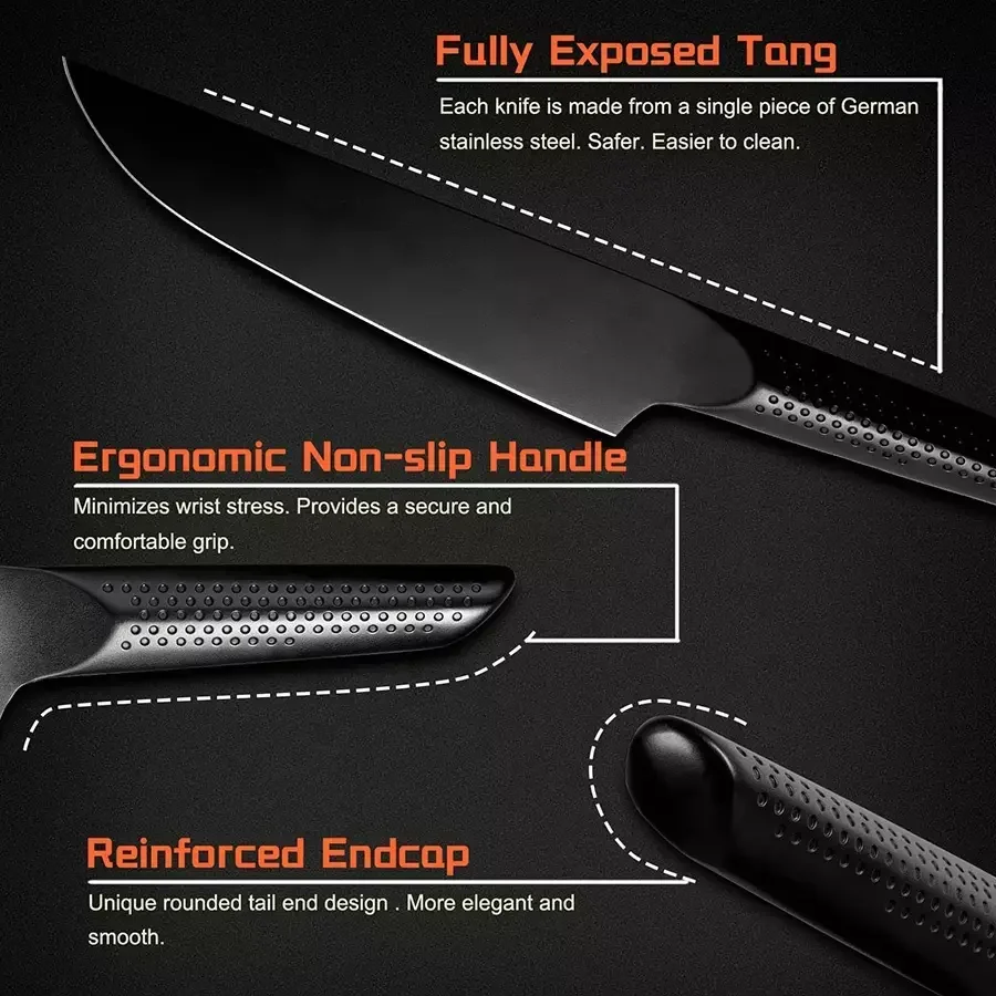 High quality stainless steel hollow handle kitchen knives chef knife set black kitchen knife set with wooden block