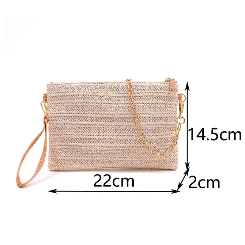 Chic Eco Friendly Handwoven Straw Crossbody Handbag Girl Summer Beach Gold Chain Square Zipper Clutch Bag Women Vacation Purse