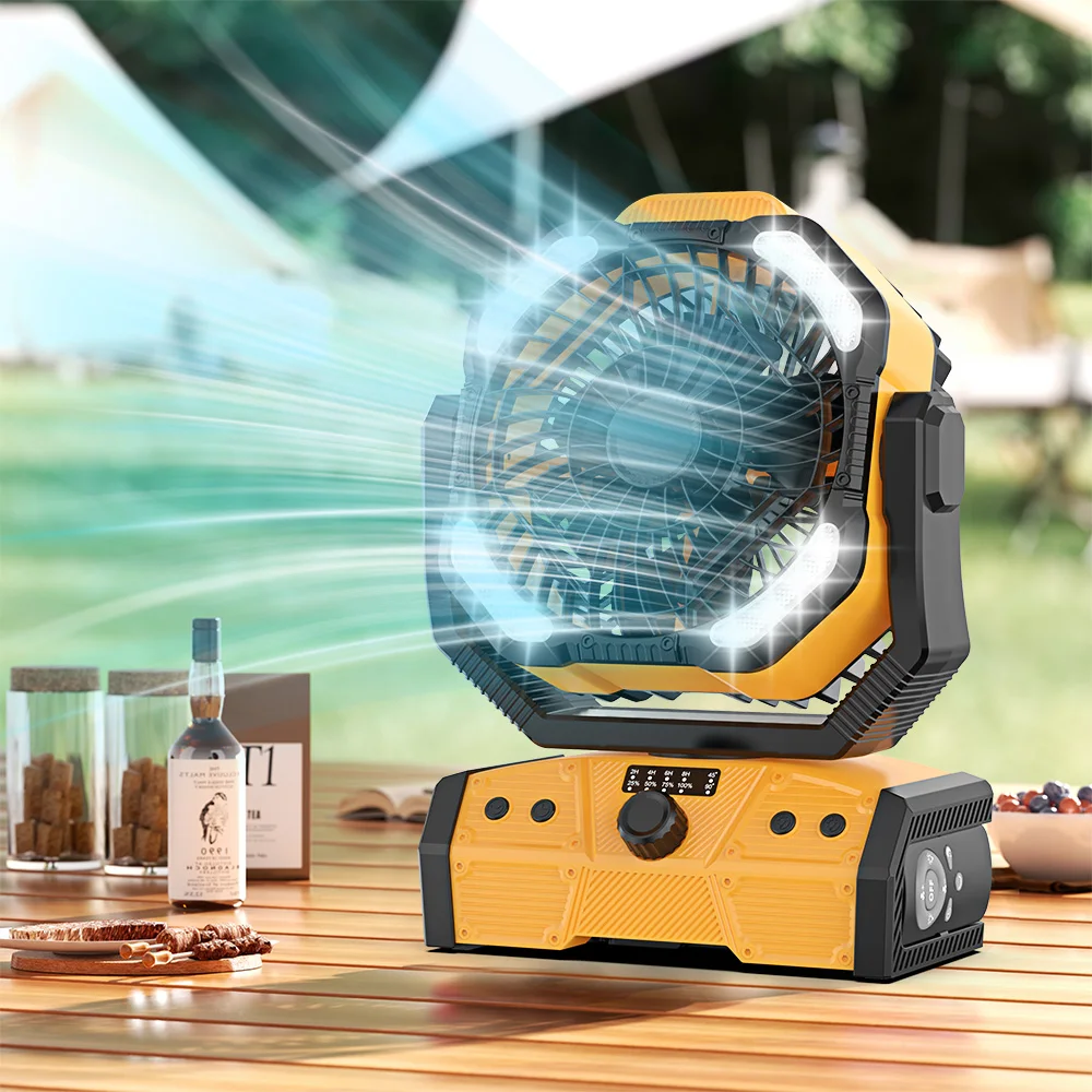 2024 New 30000mAh Battery Operated Outdoor USB Rechargeable Portable Desk Fan Camping Fan With Led Lamp
