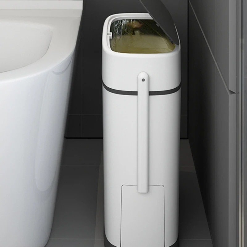 Trash Can With Toilet Brush For Bathroom Garbage Bin  Lid Touch Press Open Trash Can Household Cleaning Tools