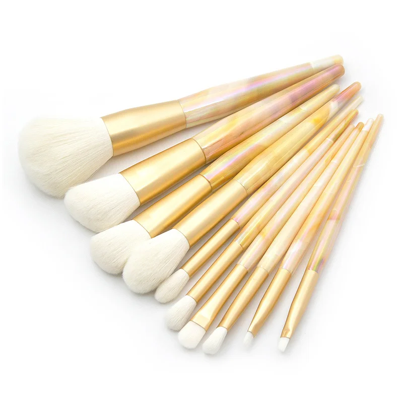 high end professional yellow Laser marbled conical plastic handle 10pcs/set synthetic makeup brushes