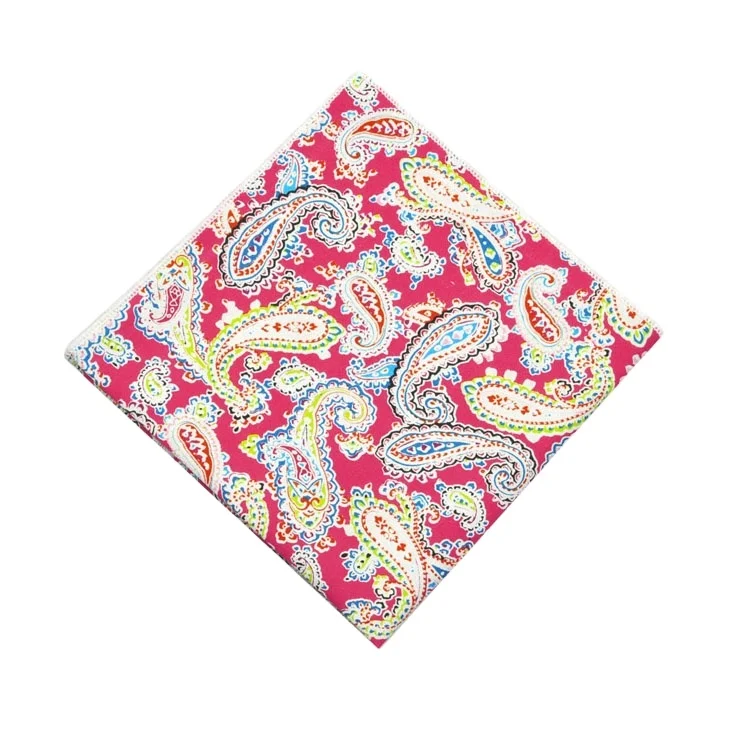 New Custom Design Cotton Pocket Squares for Men Colorful Paisley Pattern Print Handkerchiefs