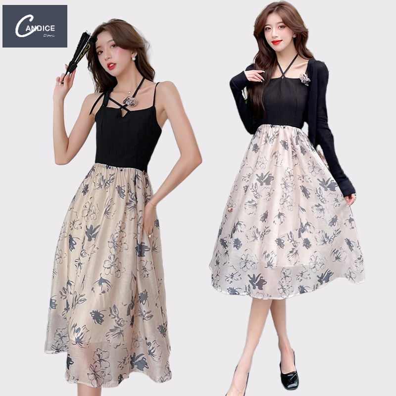 Candice influencer A line print knitted sexy suspender two piece set dress with cardigan