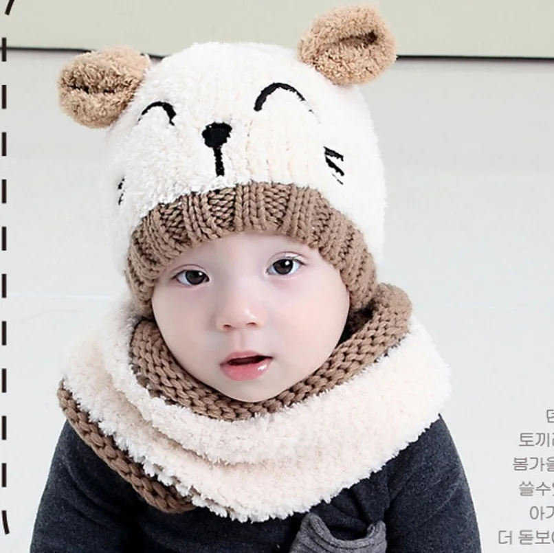 Корейские Мультяшные трендовые детские теплые шапки, шапки с котом, детские шерстяные шарфы, шапки, набор из двух предметов, Детские осенне-зимние шапки с ушками
