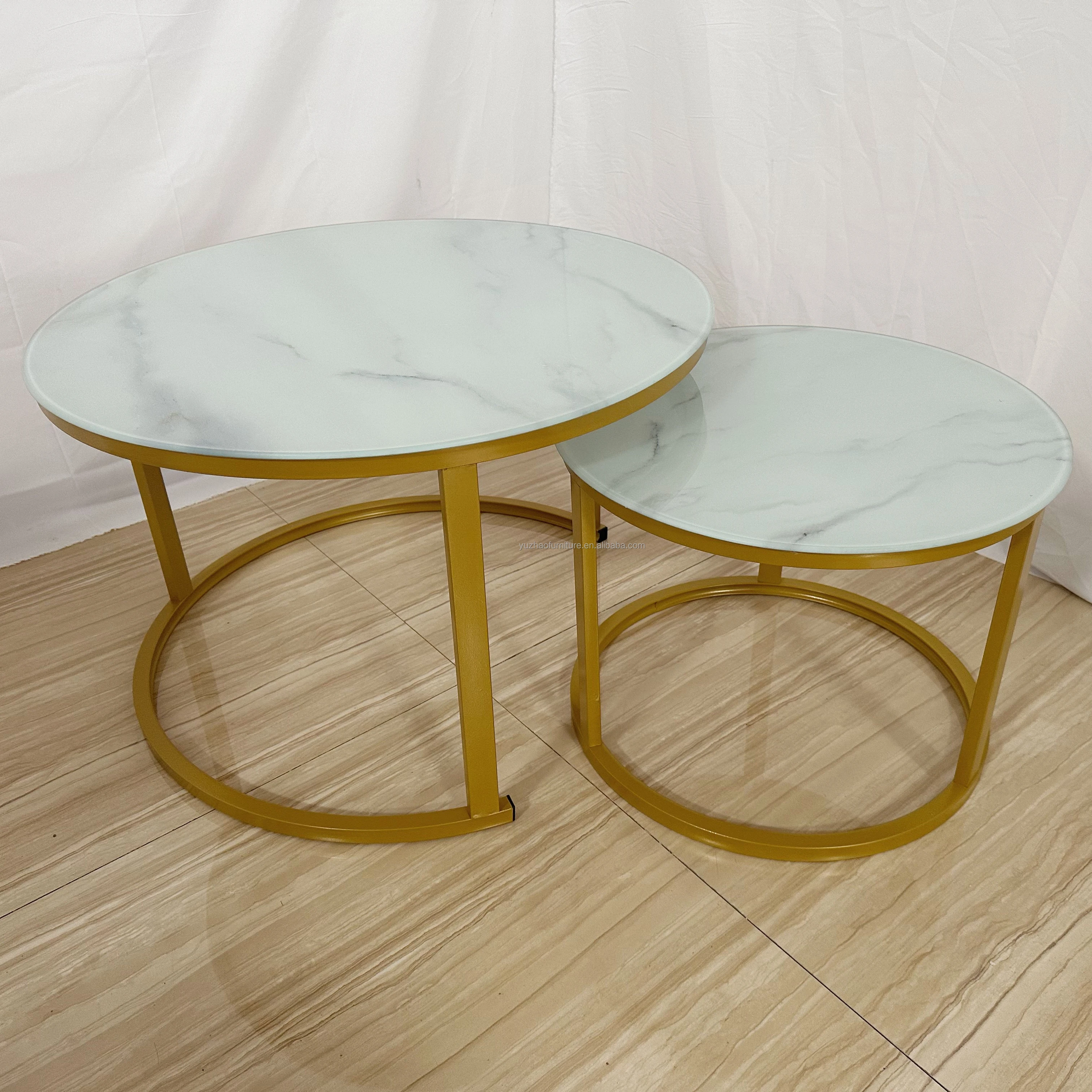 Nesting Small Round Glass Table Side Marble Pattern Space Save Coffee Table Set