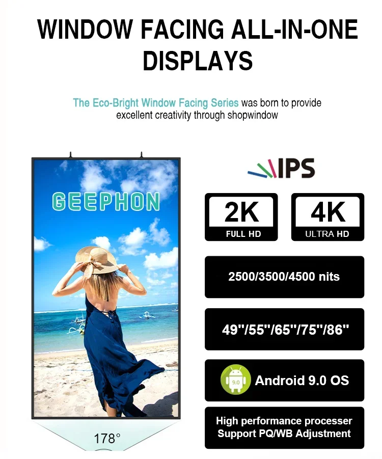 Shop 55 65 Inch 3000 Nit High Brightness Monitors Hanging Advertising Digital Signage Facing Window Lcd Screen Display
