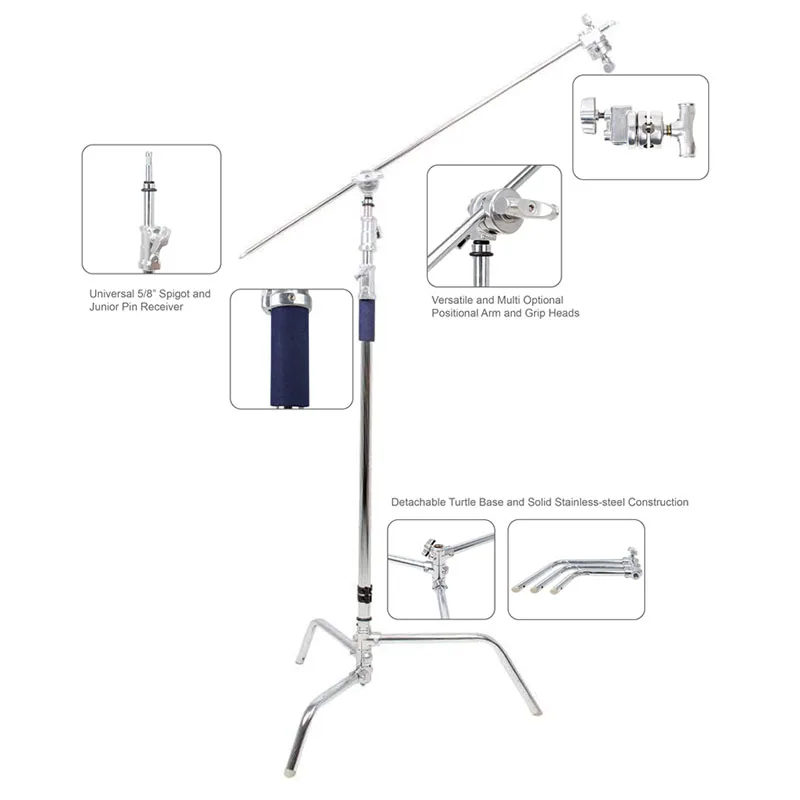 300cm Photography Stainless Steel  Silver C Stand with 50 Inch Boom Arm Set Photo Studio Heavy Duty Light Stand Camera Flash