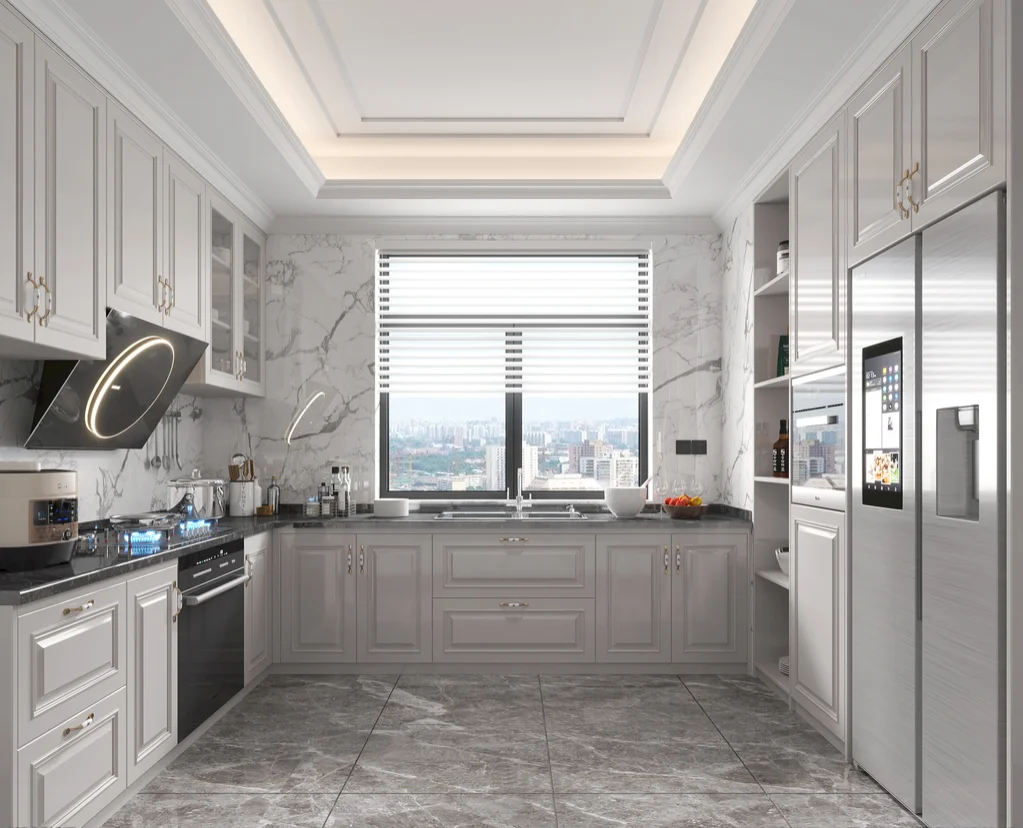 Изготовленный на заказ меламиновая доска серый МДФ лак двухсторонний кухонный шкаф с раковиной из нержавеющей стали