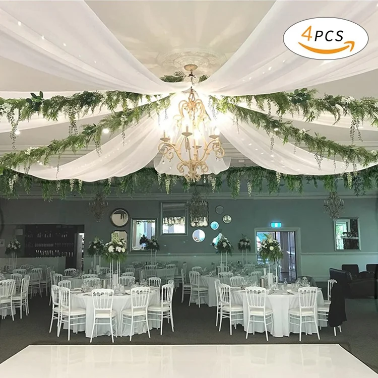 White Roof Canopy Draping Fabric Prefabricated Chiffon Long Wave Wedding Ceiling Drapes Curtains for Party