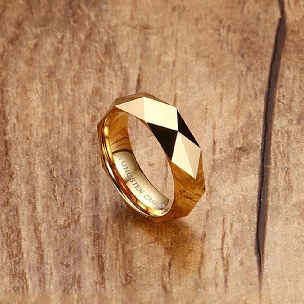 Ring New Arrival 6mm Triangle Shape Faceted Gold Mens Jewelry Tungsten Carbide Band Ring