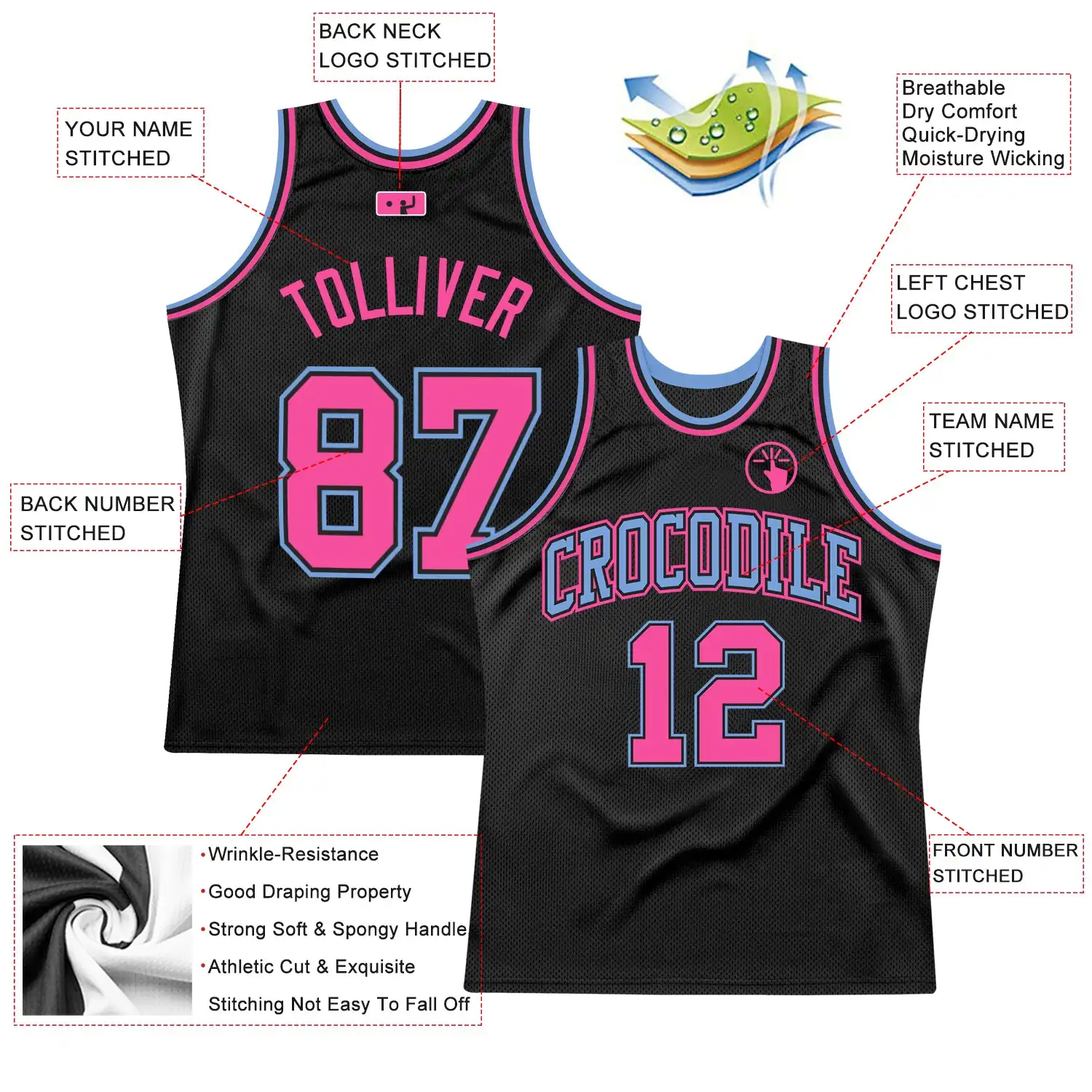 Customized Black Light Blue-pink Personality Throwback Basketball Jersey High Quality Wholesale Basketball Wear Printed Clothes