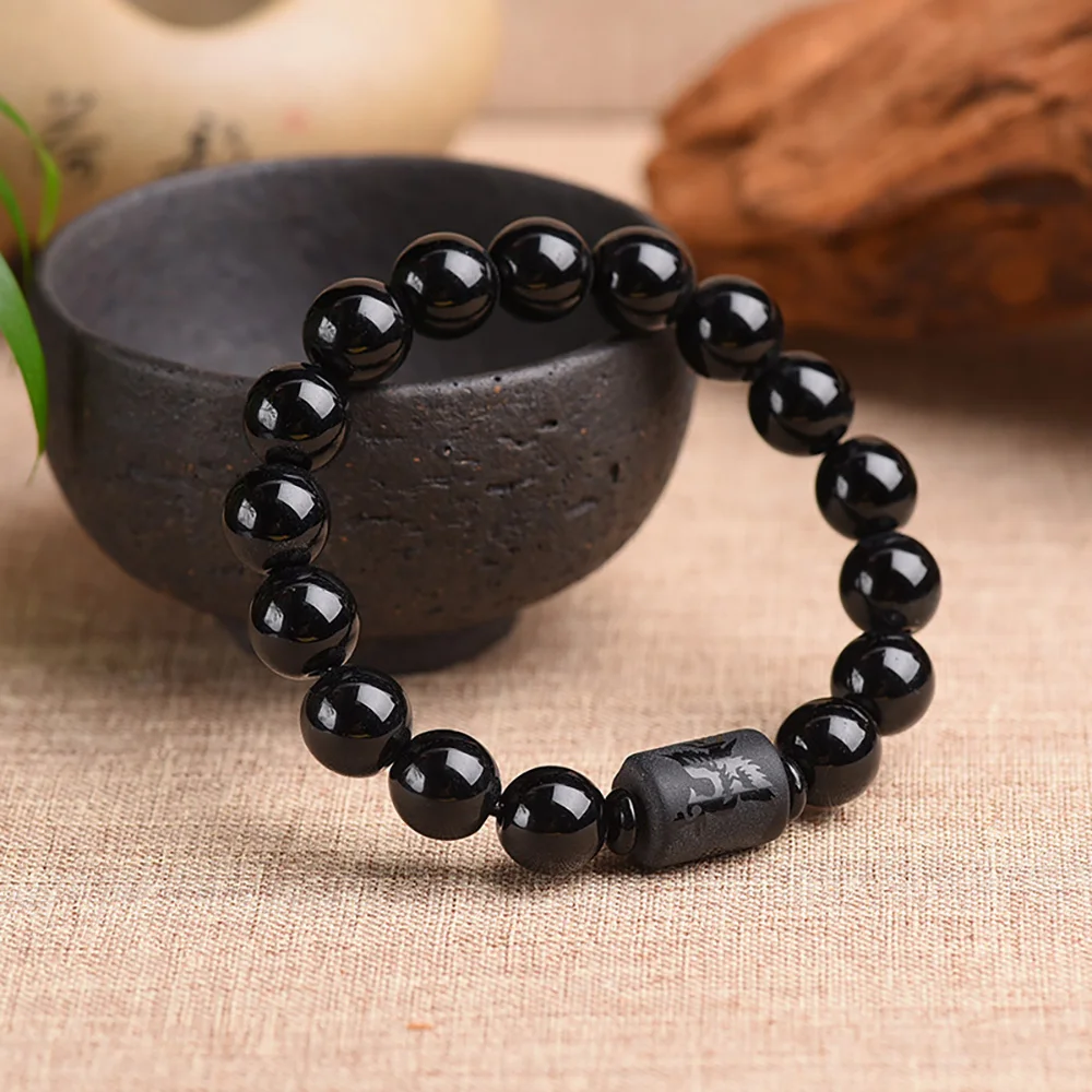 Low Price Fashinoal Crystal Obsidian Bracelet Engrave with Dragon or Phoenix Totem Cylinder Bead Men or Women