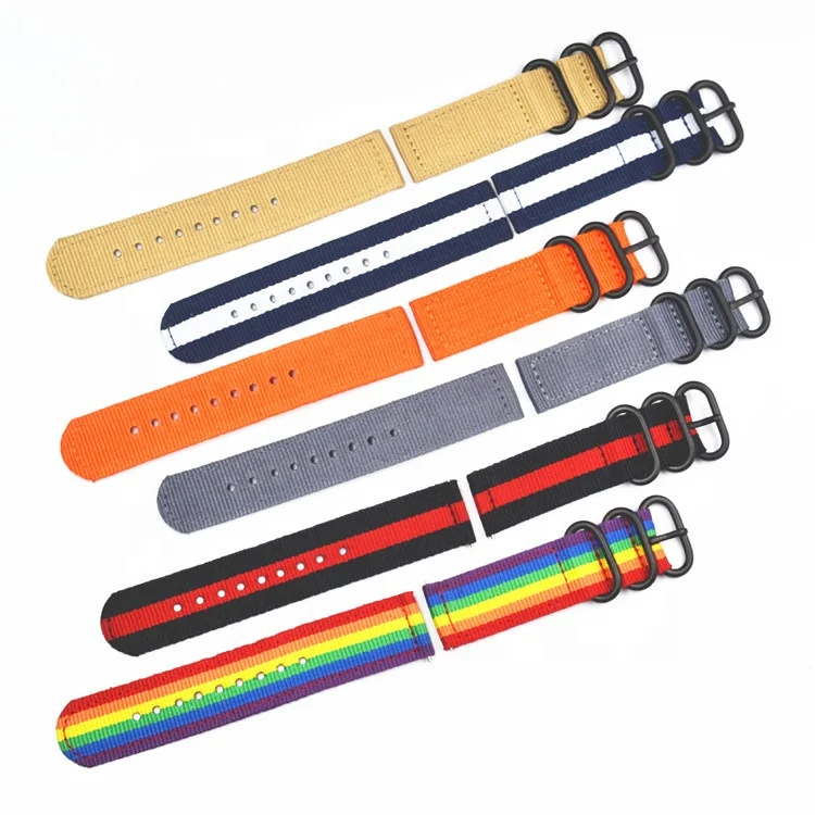 Wholesale sport 18 20 22 24 26 mm 3 rings black buckle canvas nylon watch band high quality zulu watch strap