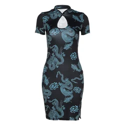 D1736869 Traditional female slim cheongsam ropa mujer summer sexy hollow out printing banquet suit mini dress
