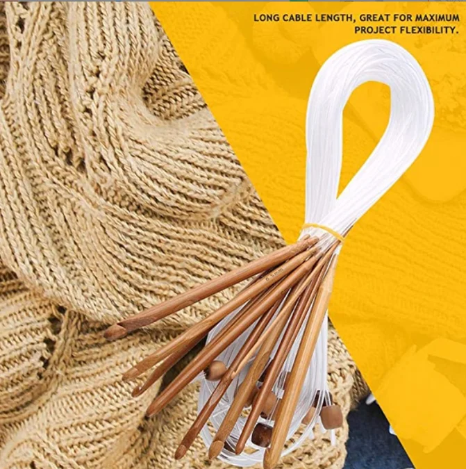12 Sizes Wooden Bamboo Afghan Tunisian Crochet Hooks Set with Plastic Cable Bamboo Crochet Knitting Needles Hooks