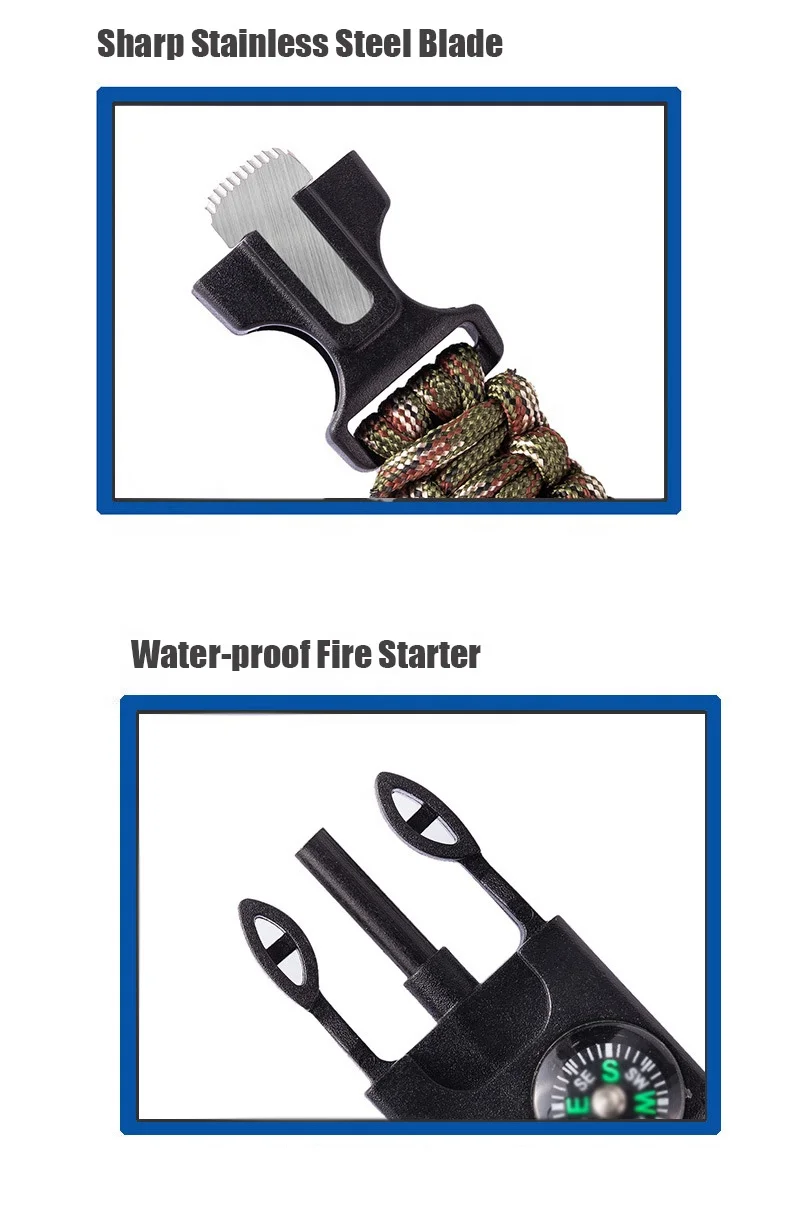 5 IN 1 Parachute Cord Camping Hand Band Flint Knife Compass Tactical Survival Fire Starter Survival Paracord woven Bracelet