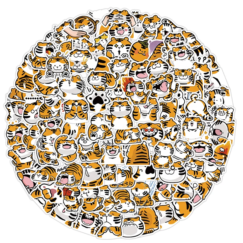 100pcs Cute Tiger Animal sticker Waterproof Laptop Phone Book Wall Custom Logo Cut Vinyl Printed PVC Polyester Sticker Label