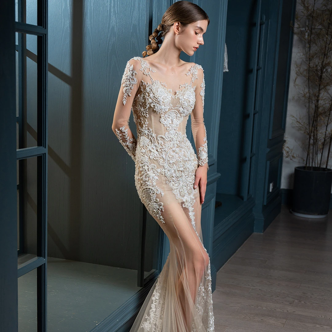 Beautiful scoop neck long sleeves embroidery lace heavy beads short lining mermaid trumpet wedding dress elegant bridal gown